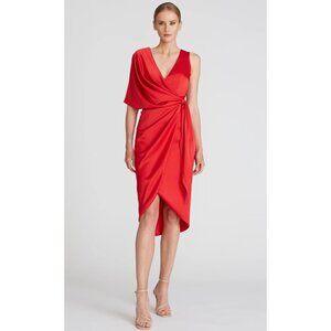 NWT Theia Candace Wrap Cocktail Dress Poppy Red Satin Midi